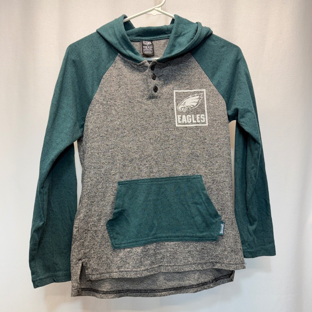 Philadelphia‎ Eagles NFL Hoodie Kids Youth Medium 10-12 Gray Green Raglan Henley